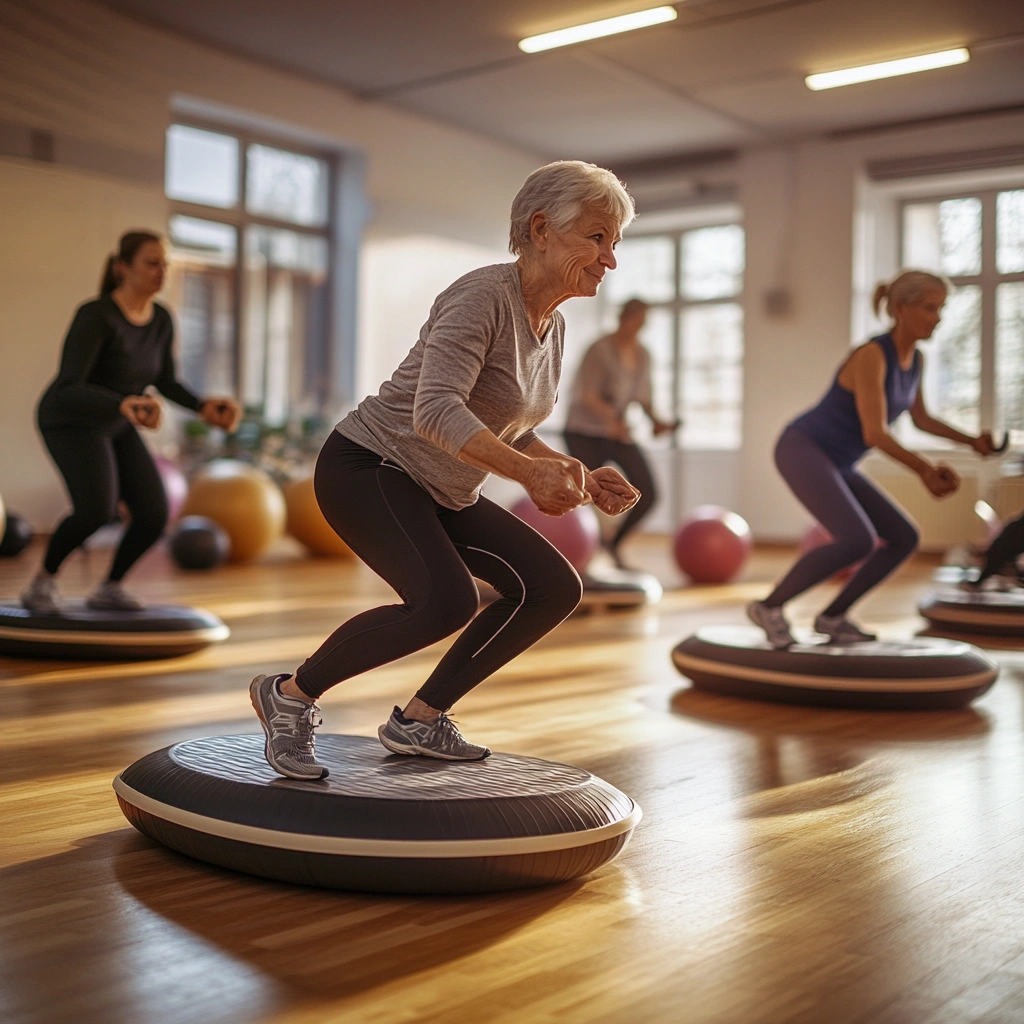 Учасники програми 'Тренування рівноваги' виконують вправи на балансувальних платформах